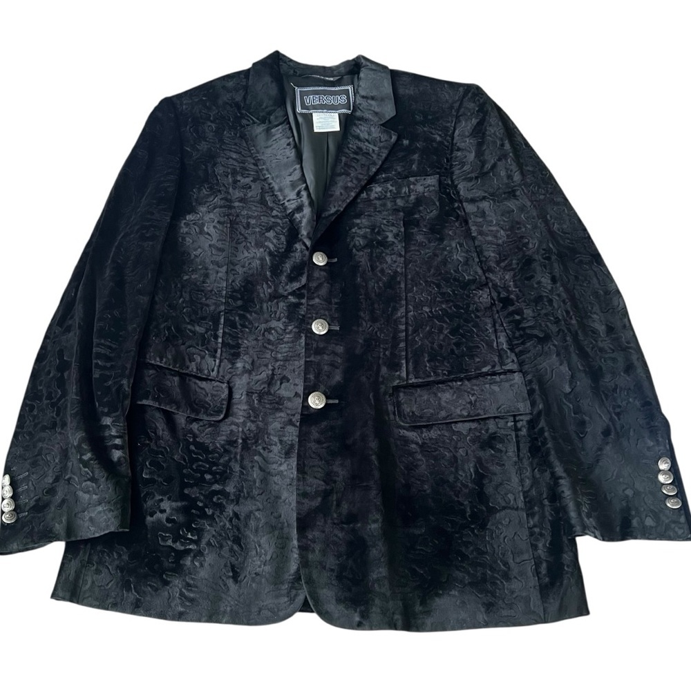 VTG Versus Versace Black Velvet Jacquard Blazer Lion Head Buttons Rockstar Vibes - Picture 3 of 15